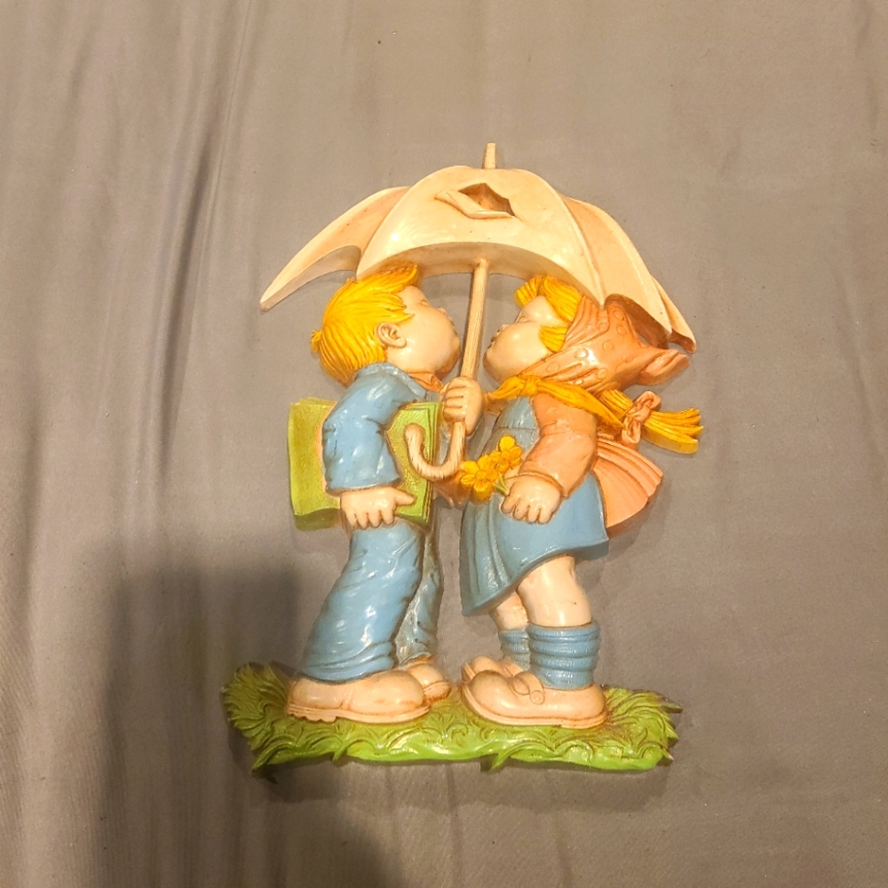 Vintage 1960's wall art. 2 children sharing umbrella in the rain. DARLING